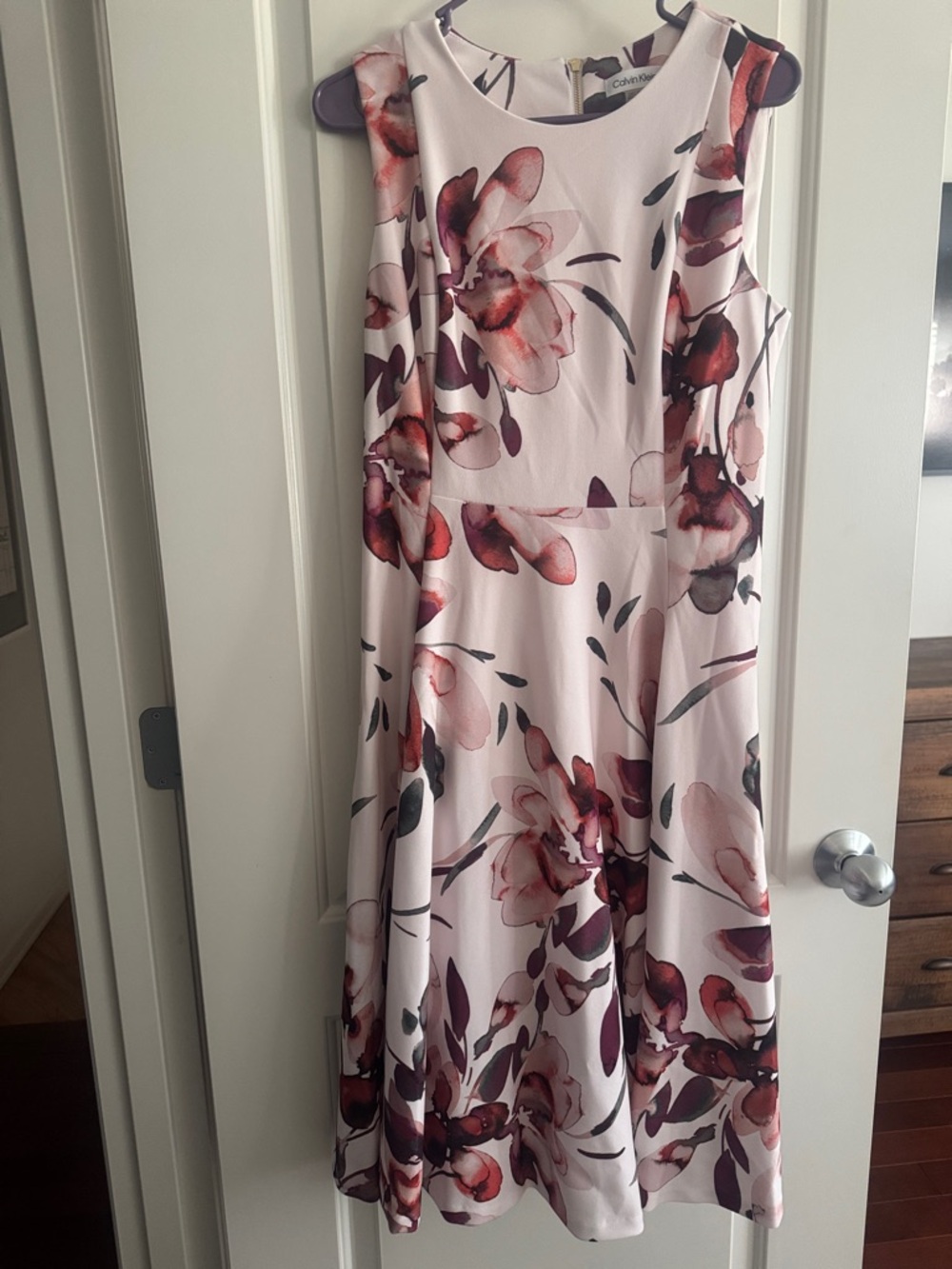 Calvin Klein Blush Floral Midi Dress with Burgundy Accents NWOT